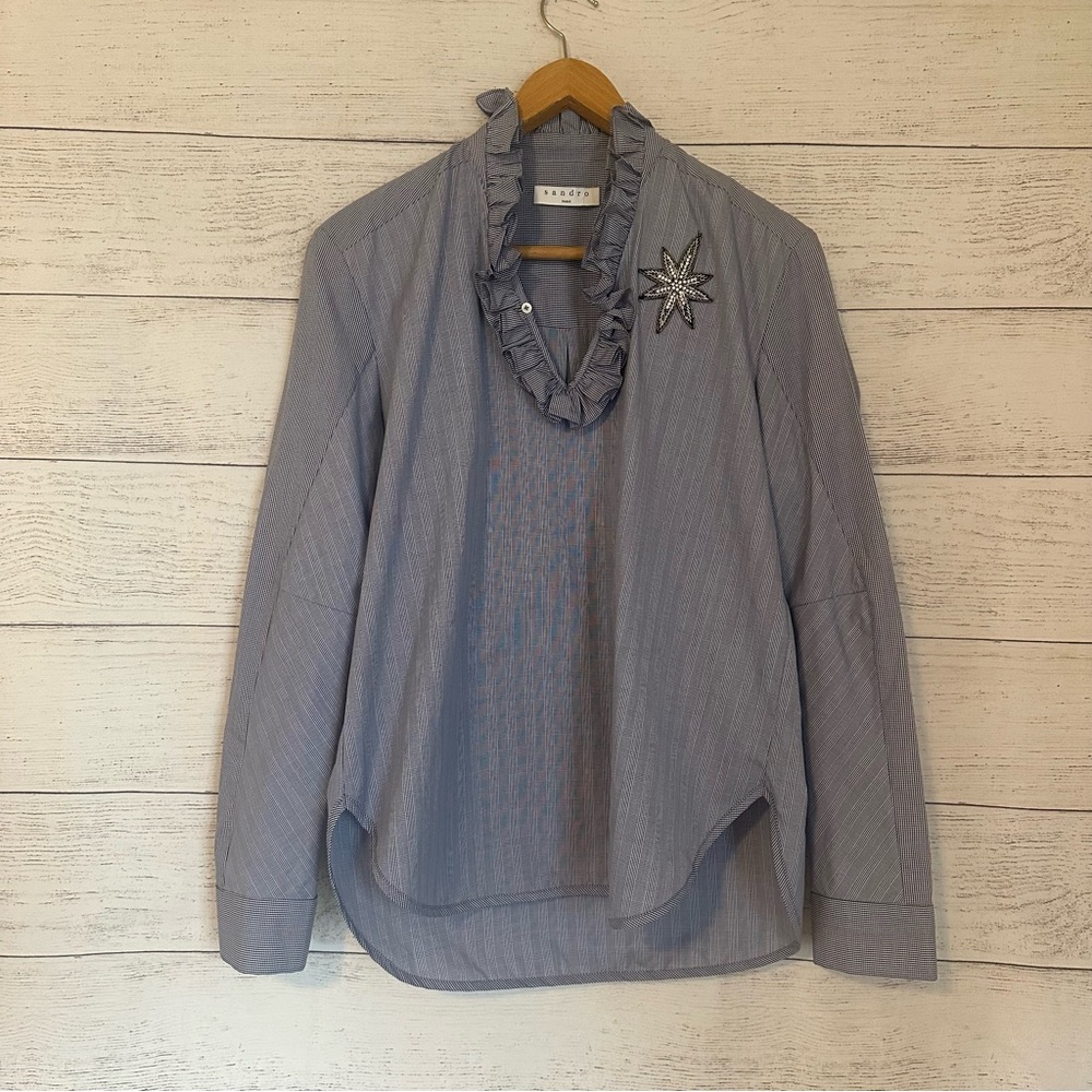 Sandro Paris Blue Stripe Ruffled Beaded Star Button Up Blouse.